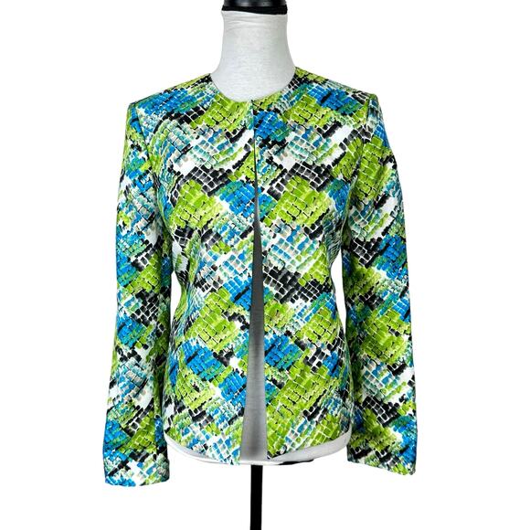 Kasper Bright Blue Green Reptile Print Collarless Open Front Jacket Blazer - Picture 1 of 12